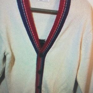 Men's Cream Cardigan with Red and Blue Trim